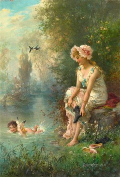 floral angel and girl Hans Zatzka Oil Paintings